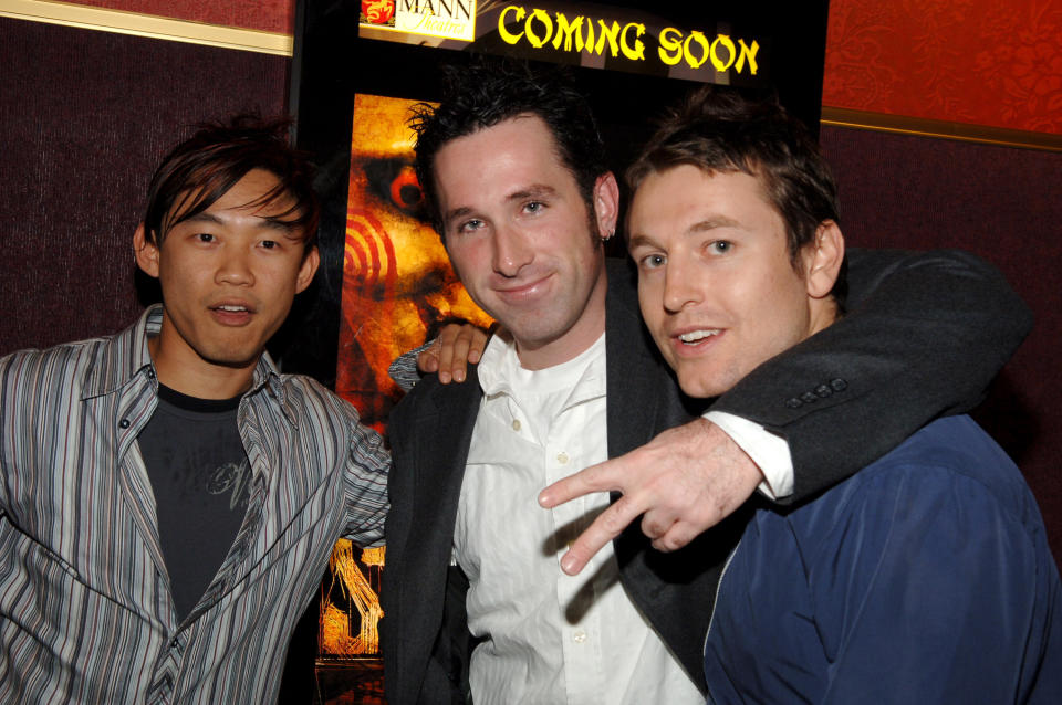 James Wan, Darren Lynn Bousman and Leigh Whannell attend a cast and crew screening for 'Saw II'. (Photo by J.Sciulli/WireImage for Lionsgate)