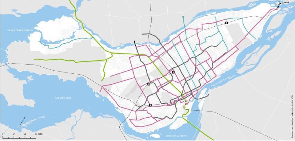 The city of Montreal presented a plan for its transit network in 2050. The plan shows the REM in green, Metro network in black, rapid bus lanes in blue and tramways in pink. The mayor acknowledged that the plan heavily depends on funding from other levels of government. 