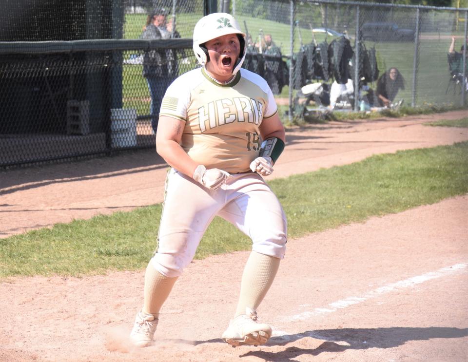 Danielle Filapello arrives at home plate as the winning run Thursday in the Herkimer College Generals' 4-3 walk-off win over Onondaga Community College in the first game of the NJCAA Region III-B championship series.