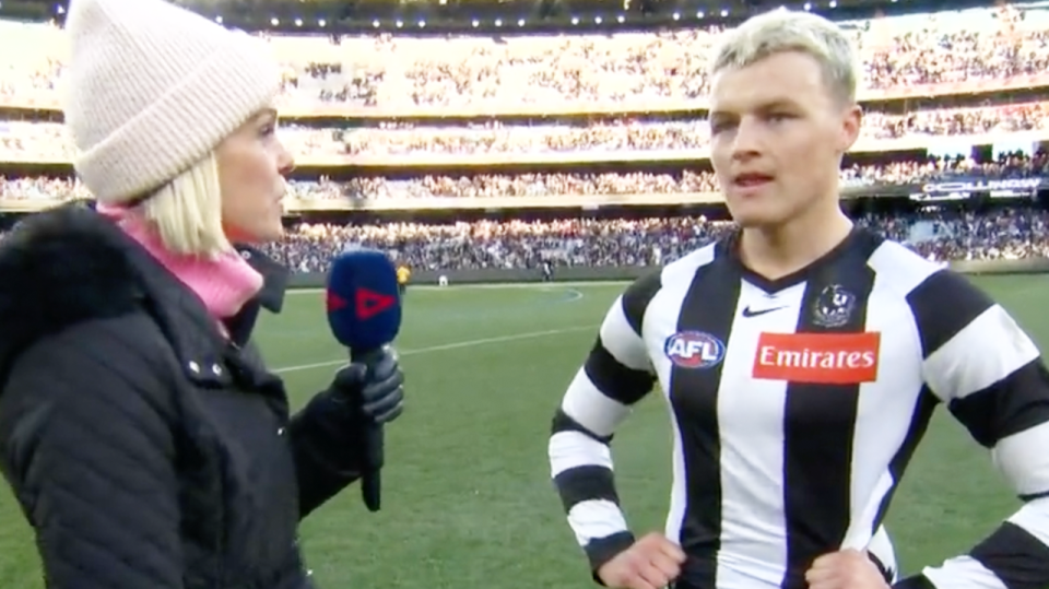 Collingwood's Jack Ginnivan (pictured right) in a post-match interview.