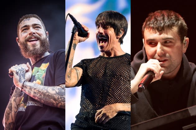 Post Malone, Red Hot Chili Peppers, and Fred Again.. are the headliners of Bonnaroo 2024. - Credit: Chris Putnam/Future Publishing/Getty Images; Matthew Baker/Getty Images; Kieran Frost/Redferns/Getty Images