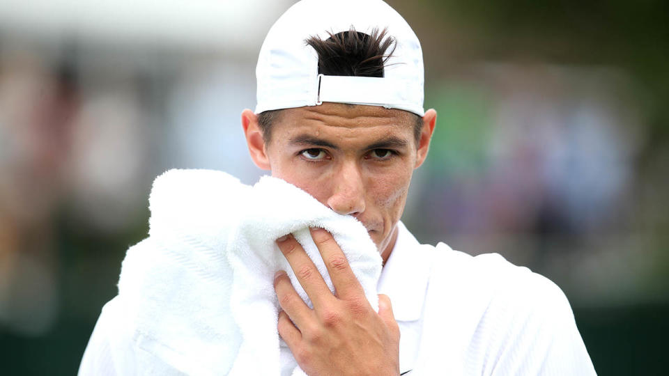 Alexei Popyrin in action during Wimbledon qualifying. (Photo by Alex Pantling/Getty Images)