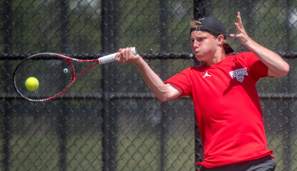 Morton’s Carter Kendall makes a return against Dunlap’s Venil Tummarakota in the Class 1A Boys Tennis Sectional singles semifinals Saturday, June 5, 2021 at Dunlap High School. Kendall fell to injury late in the match, giving Tummarakota the win and a spot in the title match.