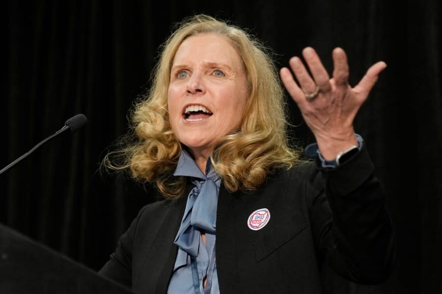 Nancy Kramer, co-chair of Ohioans United for Reproductive Rights, speaks at a watch party for Issue 1, Tuesday, Nov. 7, 2023, in Columbus Ohio. (AP Photo/Sue Ogrocki)