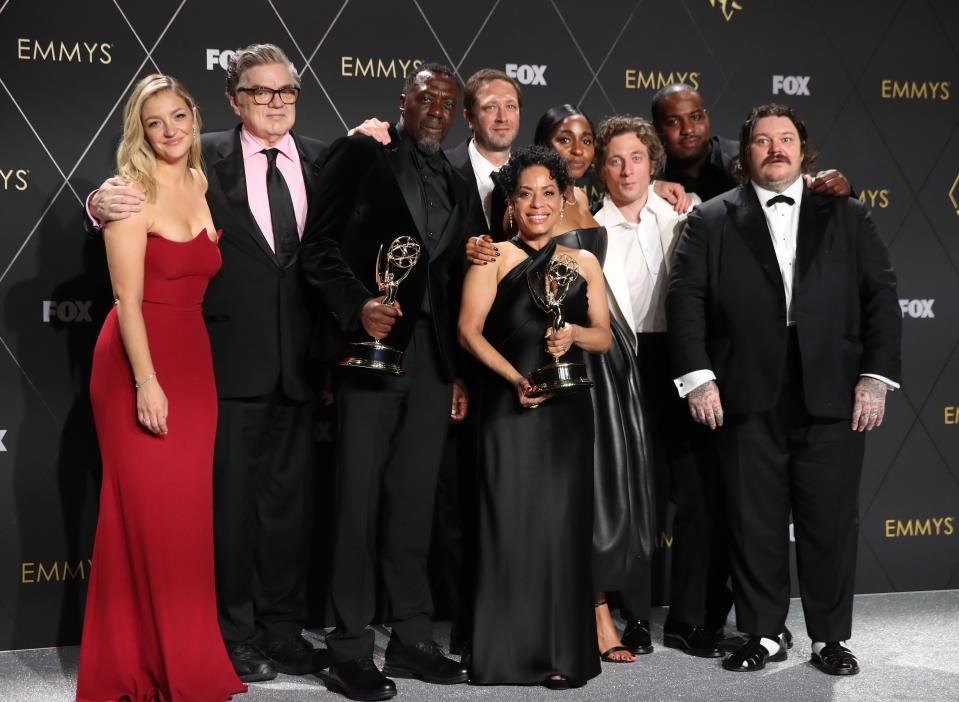 (L-R) Abby Elliott, Oliver Platt, Edwin Lee Gibson, Ebon Moss-Bachrach, Liza Colo?n-Zayas, Ayo Edebiri, Jeremy Allen White, Lionel Boyce and Matty Matheson, winners of Outstanding Comedy Series for "The Bear," at the 75th Emmy Awards.