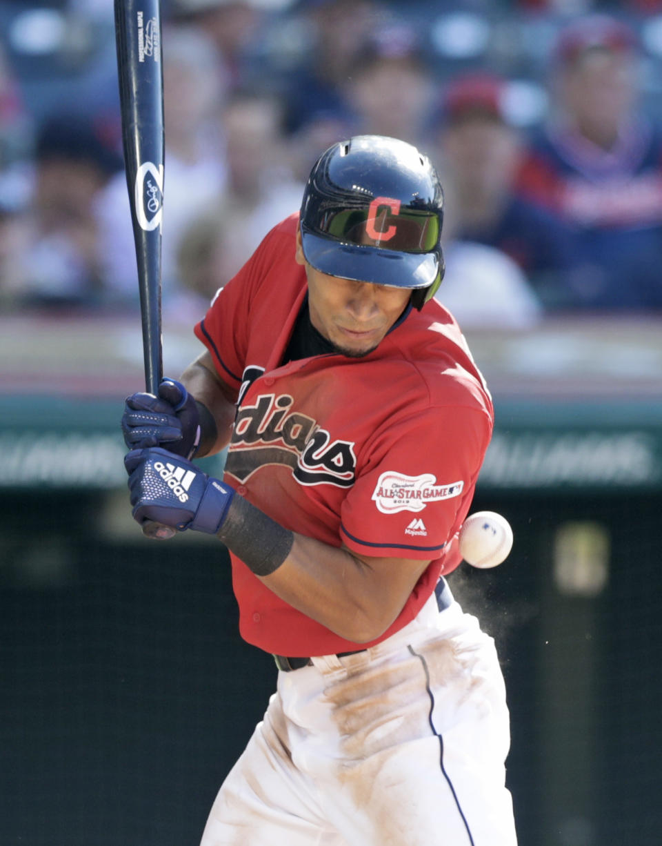 Cleveland Indians' Oscar Mercado is hit by a pitch from Detroit Tigers starter Spencer Turnbull in the fifth inning of a baseball game, Saturday, June 22, 2019, in Cleveland. (AP Photo/Tony Dejak)