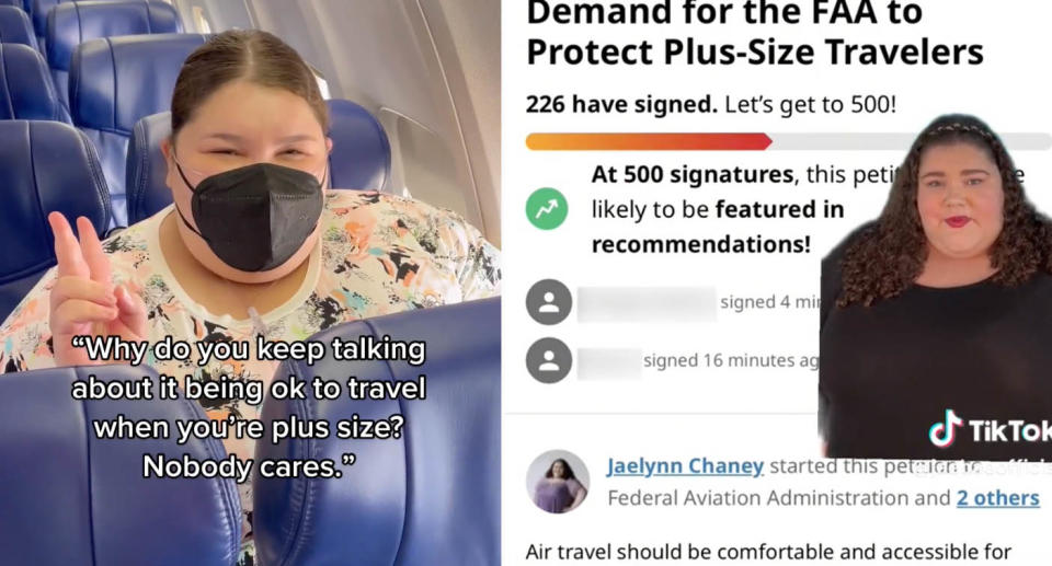 Plus sized traveller Jae’lynn Chaney has launched a Change.org petition to provide bigger and free seats on planes for bigger people. 