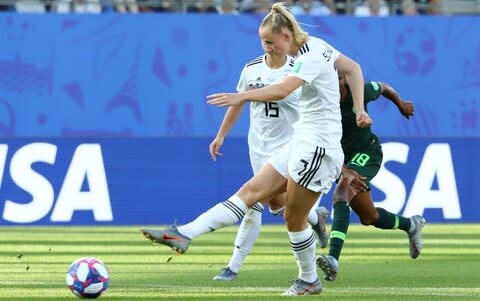 Germany's Lea Schueller scores their third goal - Credit: Reuters