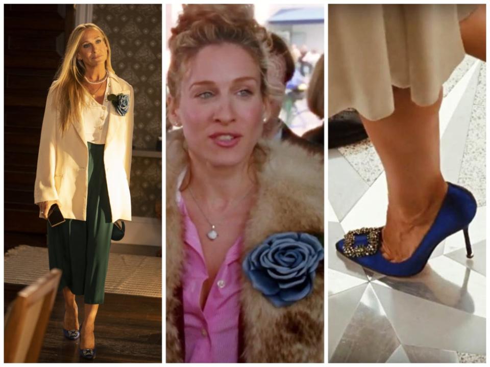 Flores y Manolos, dos de los accesorios favoritos de Carrie en AJLT (izquierda) y SATC (en medio y derecha) (HBO)