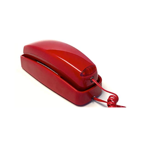 slim red landline phone against white background