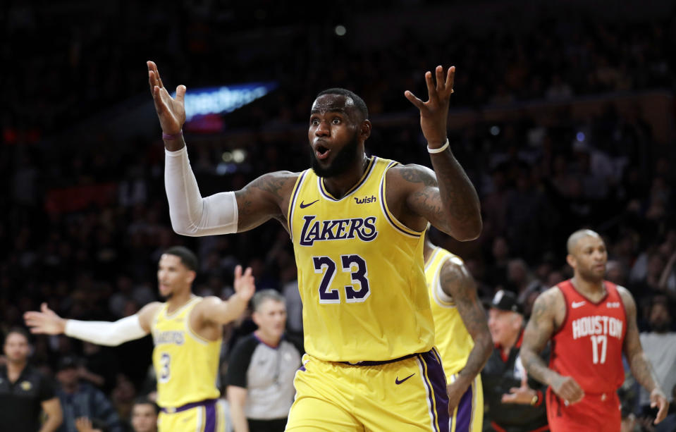 Los Angeles Lakers' LeBron James (23) reacts to a foul called against him during the second half of the team's NBA basketball game against the Houston Rockets on Thursday, Feb. 21, 2019, in Los Angeles. (AP Photo/Marcio Jose Sanchez)