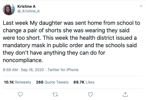 Twitter thread on daughter sent home over short shorts from anti-mask school