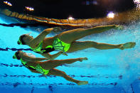 Pamela Fischer and Anja Nyffeler of Switzerland compete in the Women's Duets Synchronised Swimming Technical Routine on Day 9 of the London 2012 Olympic Games at the Aquatics Centre on August 5, 2012 in London, England. (Photo by Clive Rose/Getty Images)