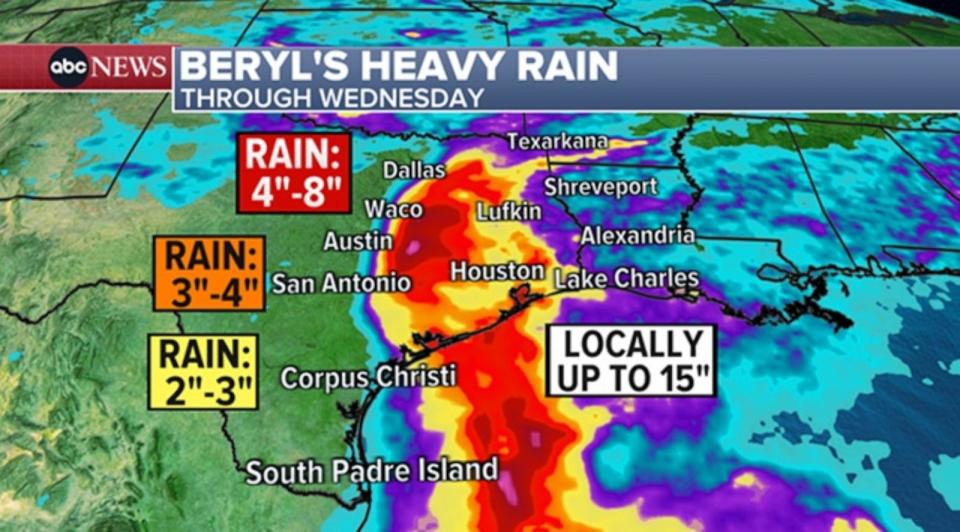 PHOTO: Beryl heavy rain map (ABC News)