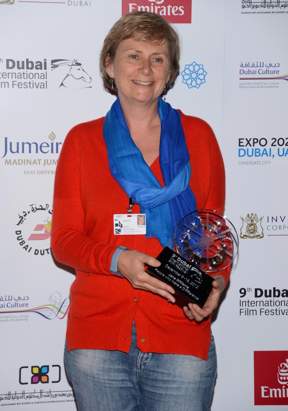 DUBAI, UNITED ARAB EMIRATES - DECEMBER 16: Jane Williams with the Make A DIFFerence award during the Closing Ceremony on day eight of the 9th Annual Dubai International Film Festival held at the Madinat Jumeriah Complex on December 16, 2012 in Dubai, United Arab Emirates. (Photo by Andrew H. Walker/Getty Images for DIFF)