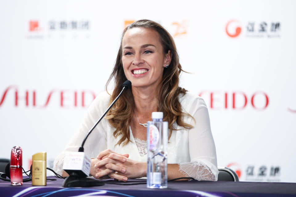 SHENZHEN, CHINA - OCTOBER 28: WTA Legend Ambassador Martina Hingis attends a press conference on Day two of the 2019 WTA Finals at Gemdale Tennis Center on October 28, 2019 in Shenzhen, Guangdong Province of China. (Photo by VCG/VCG via Getty Images)