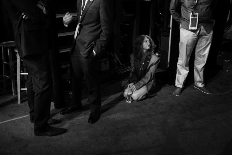 <p>A volunteer takes a break off her feet early on during the final day of the Democratic National Convention in Philadelphia, PA. on July 28, 2016. (Photo: Khue Bui for Yahoo News) </p>