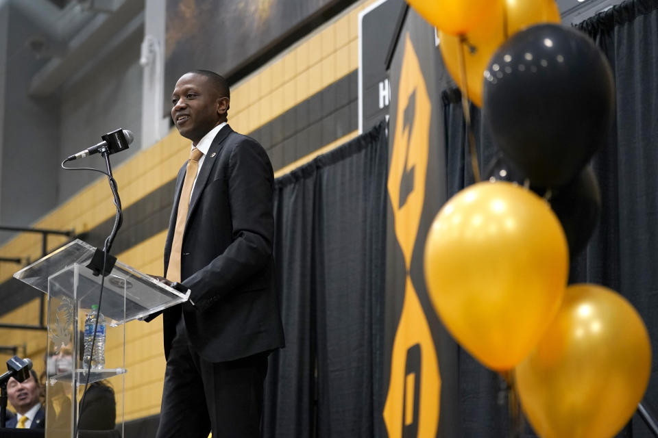 FILE - Dennis Gates is introduced as the new head basketball coach at Missouri on March 22, 2022, in Columbia, Mo. Gates has won over Missouri fans and is quickly winning over recruits, and the next step is to start winning some basketball games. (AP Photo/Jeff Roberson, File)