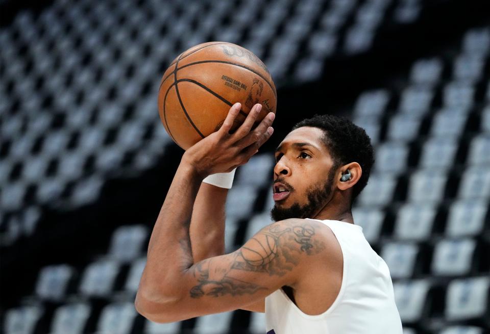 Phoenix Suns guard Cameron Payne shoots during pregame warmups before Game 2 of the Western Conference Semifinals at Ball Arena in Denver on May 1, 2023.