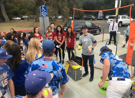 U.S. Olympic freestyle skier David Wise presents new sports equipment to students from Agoura High School, in Agoura Hills, California, U.S., December 17, 2018. REUTERS/Rory Carroll