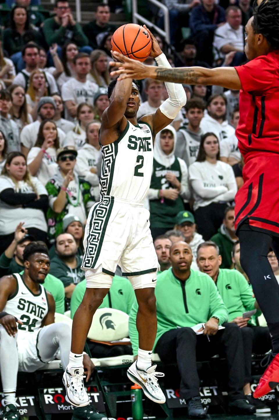 Michigan State's Tyson Walker makes a 3-pointer against Rutgers during the second half on Sunday, Jan. 14, 2024, at the Breslin Center in East Lansing.