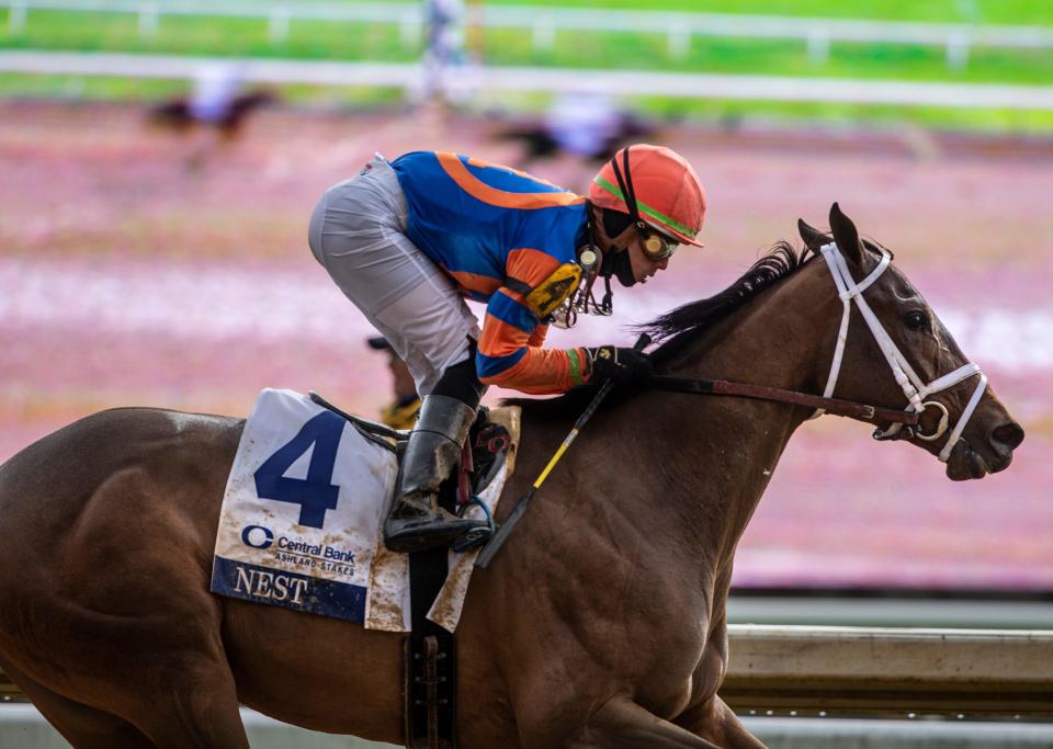 "Nest," with jockey Irad Ortiz Jr. aboard dominates the field to win the Ashland Stakes on opening day at Keeneland. April 8, 2022