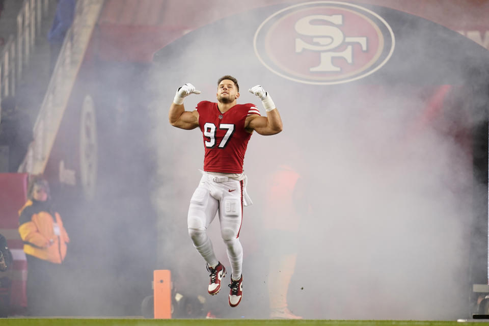 Dec 25, 2023; Santa Clara, California, USA; San Francisco 49ers defensive end Nick Bosa (97) is introduced before the start of the game against the <a class="link " href="https://sports.yahoo.com/nfl/teams/baltimore/" data-i13n="sec:content-canvas;subsec:anchor_text;elm:context_link" data-ylk="slk:Baltimore Ravens;sec:content-canvas;subsec:anchor_text;elm:context_link;itc:0">Baltimore Ravens</a> at Levi’s Stadium. Mandatory Credit: Cary Edmondson-USA TODAY Sports