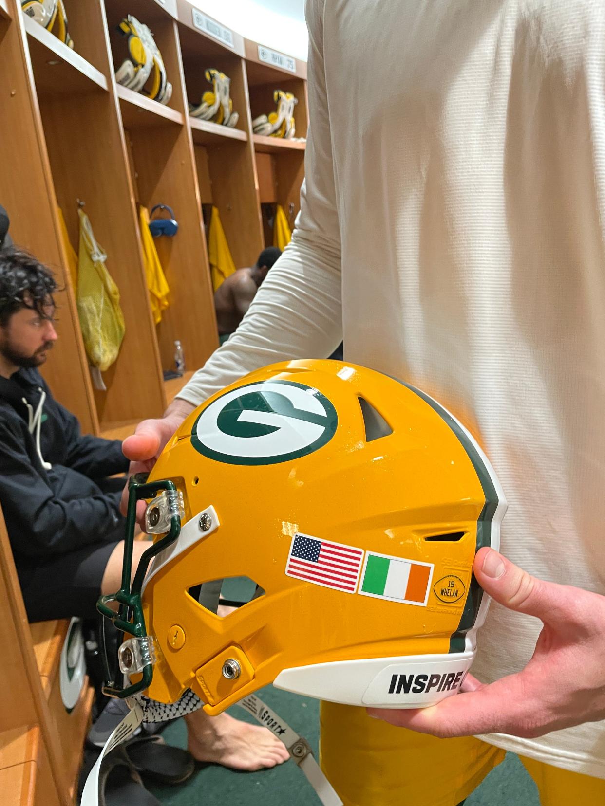 Packers punter Daniel Whelan's helmet features the flag of Ireland.