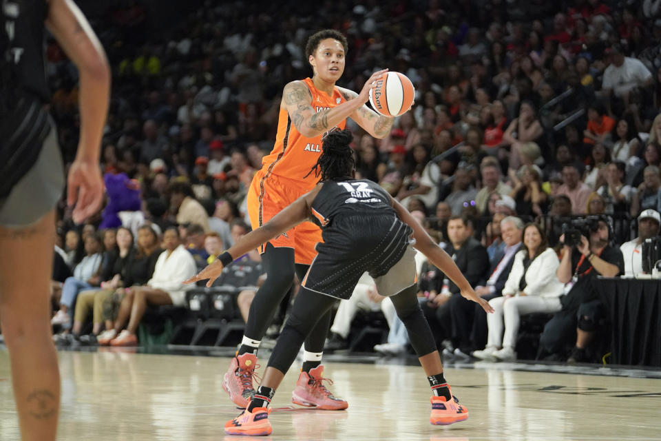 Team Stewart&#39;s Brittney Griner controls the ball against Team Wilson&#39;s Chelsea Gray during the first half in the 2023 WNBA All-Star Game at Michelob Ultra Arena in Las Vegas on July 15, 2023. (Lucas Peltier/USA TODAY Sports)