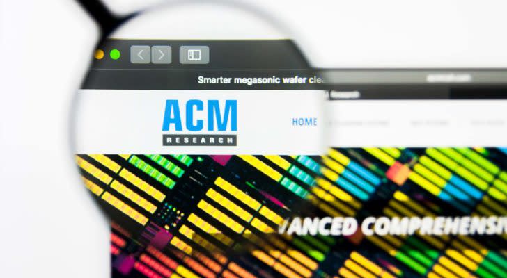 a magnifying glass enlarges the ACM logo on a website. Russell 2000 Stocks