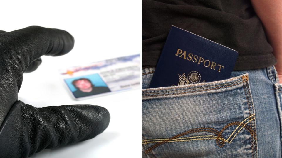 A gloved hand taking a driver's licence on the left, and a passport in a back pocket.