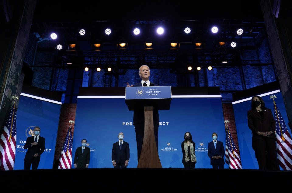 President-elect Joe Biden introduces his nominees and appointees to key national security and foreign policy posts at The Queen theater, Tuesday, Nov. 24, 2020, in Wilmington, Del. (AP Photo/Carolyn Kaster)