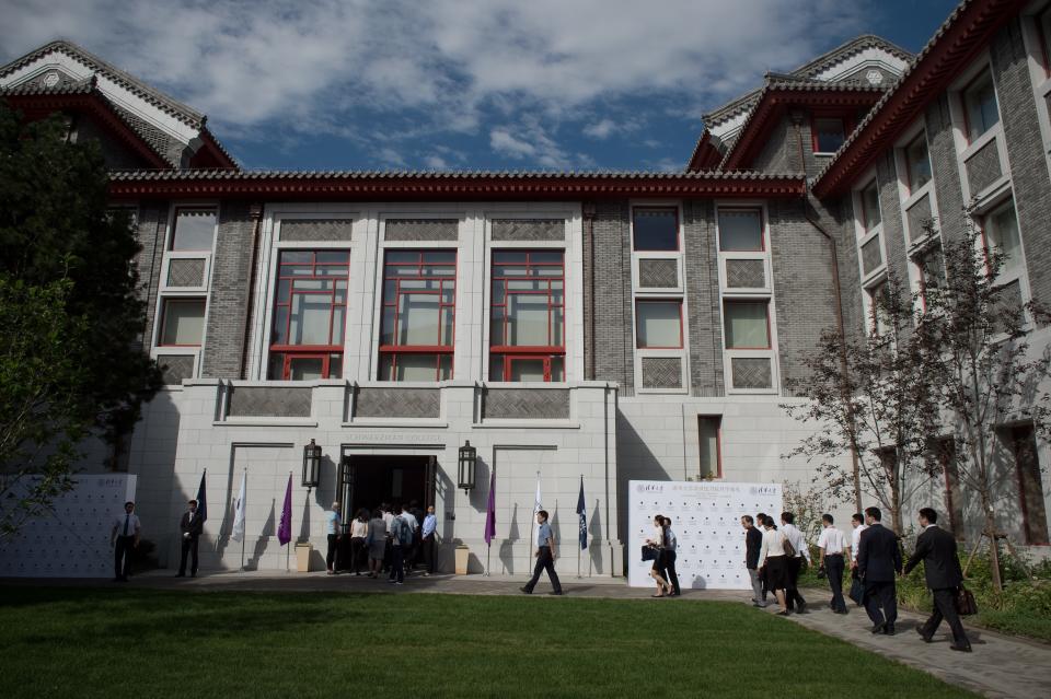 This picture taken on September 10, 2016 shows a general view of the front entrance of the Schwarzman college at Tsinghua university in Beijing. A US billionaire's giant gift to one of China's top universities for a programme echoing Oxford's Rhodes Scholarships comes as the country seeks to boost its schools' prestige while tightening ideological control in classrooms.  / AFP / NICOLAS ASFOURI / To go with AFP story China-education-diplomacy-philanthropy, FOCUS by Becky Davis        (Photo credit should read NICOLAS ASFOURI/AFP via Getty Images)