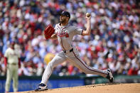 Atlanta Braves starting pitcher Chris Sale throws to a Philadelphia Phillies batter during the first inning of a baseball game Sunday, March 31, 2024, in Philadelphia. (AP Photo/Derik Hamilton)