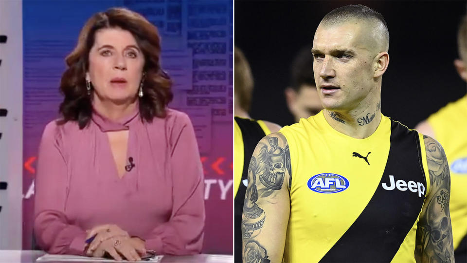 Veteran AFL reporter Caroline Wilson (pictured left) took aim at Richmond (Dustin Marin pictured right) after a lacklustre restart. (Fox Footy Classified/Getty Images)