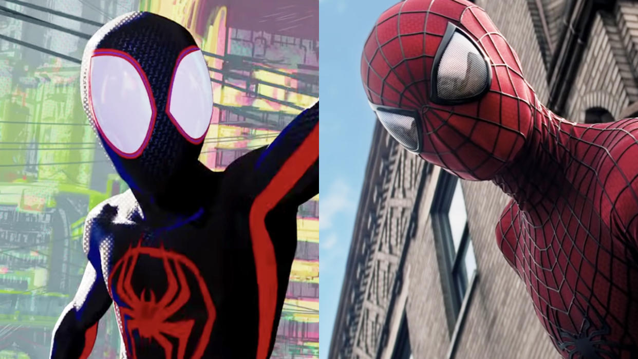  Miles Morales in Across the Spiderverse, Andrew Garfield as Spider-Man in The Amazing Spider-Man 2 