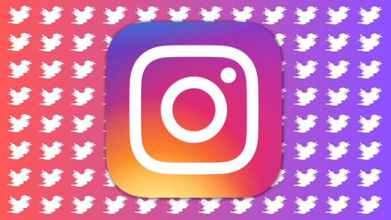 The Instagram logo is superimposed against white Twitter birds.