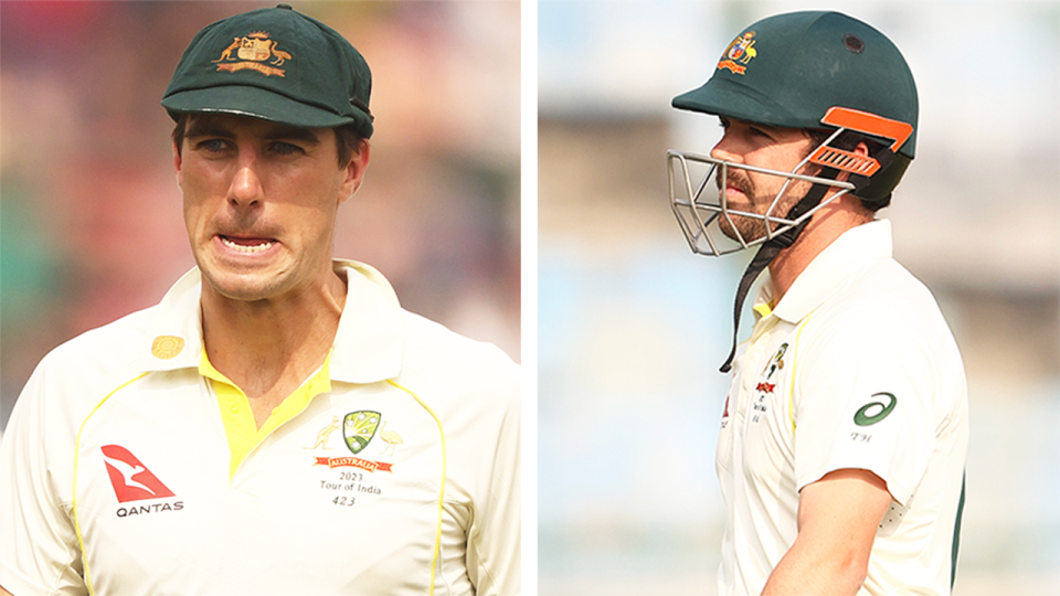 Aussie captain Pat Cummins (pictured left) walking off the field and (pictured right) Travis Head after being dismissed.