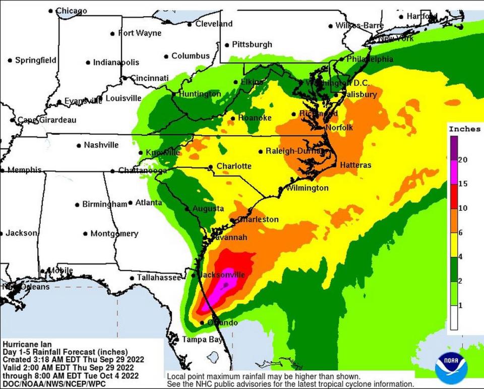 Hurricane Ian and its remnants are forecast to bring heavy rains to the Southeast, including the Carolinas, on Friday, September 29, 2022, and into Saturday.