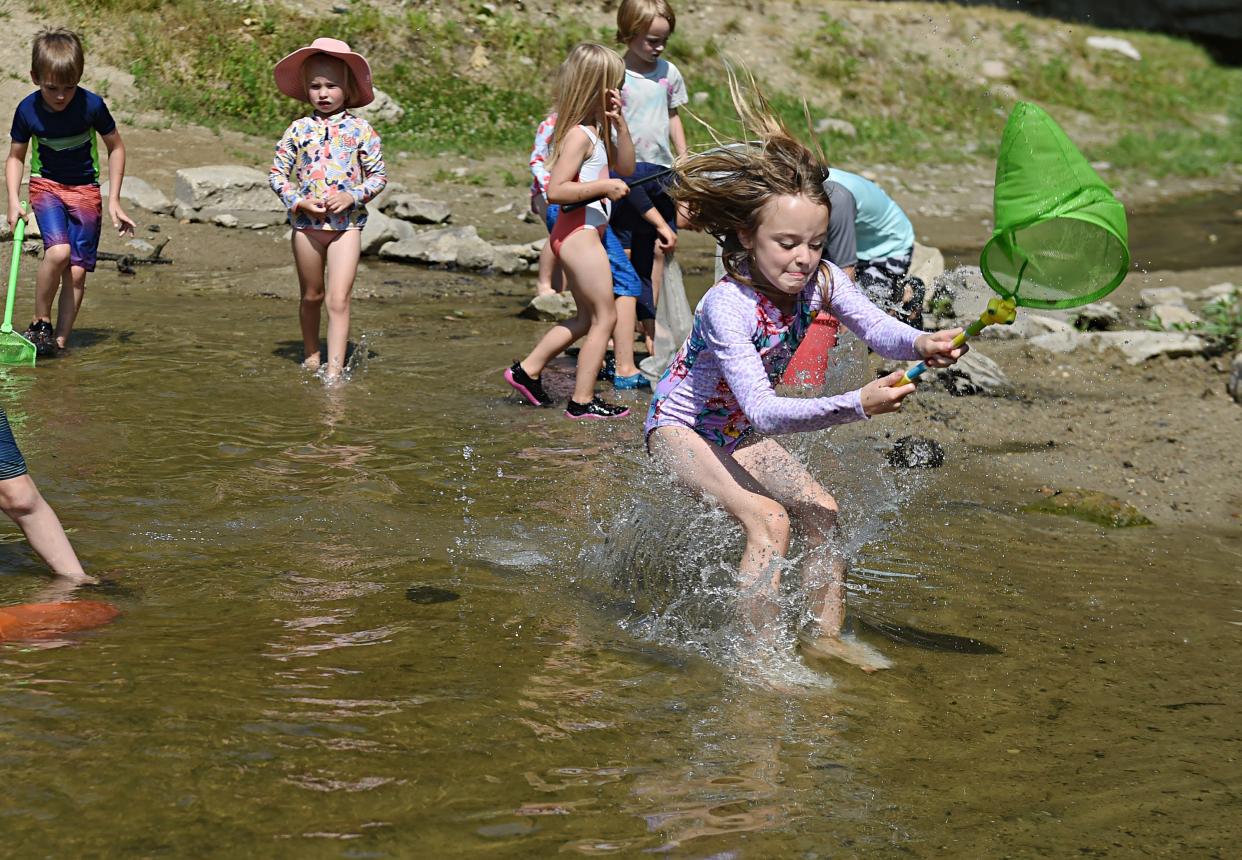 Lyra Earhart from the Wild & Free homeschool community in Des Moines tries to catch fish while playing in the water in the hot weather Thursday, June 17, 2021, at Ledges State Park in Boone County, Iowa.