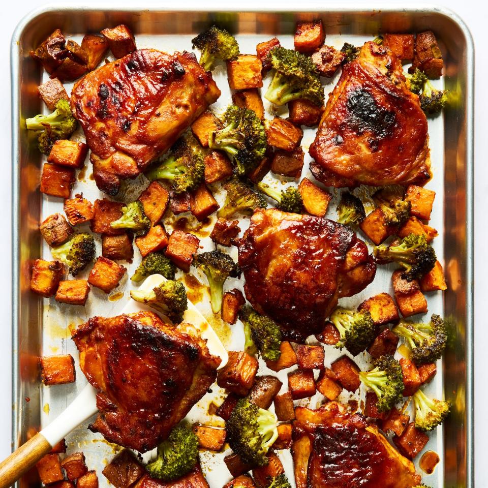 bbq sheet pan chicken with sweet potatoes and broccoli