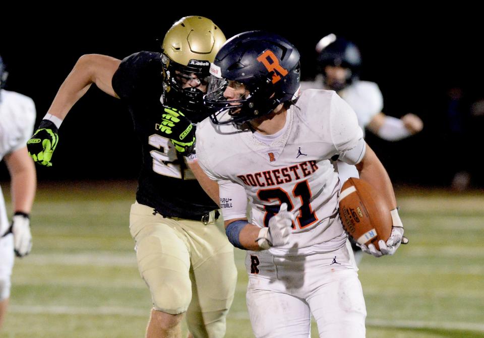 Rochester's Tyson Binion runs the ball during the game against Sacred Heart-Griffin Friday, Oct, 20, 2023.