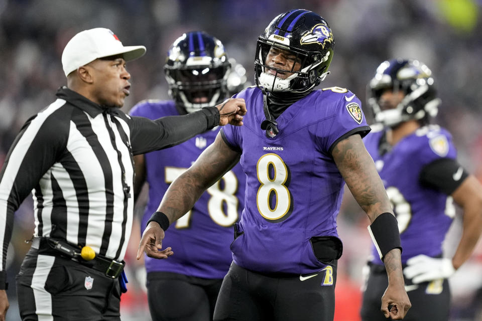 Baltimore Ravens quarterback Lamar Jackson (8) reacts after Baltimore Ravens' Zay Flowers was called for taunting against the Kansas City Chiefs during the second half of an AFC Championship NFL football game, Sunday, Jan. 28, 2024, in Baltimore. (AP Photo/Alex Brandon)