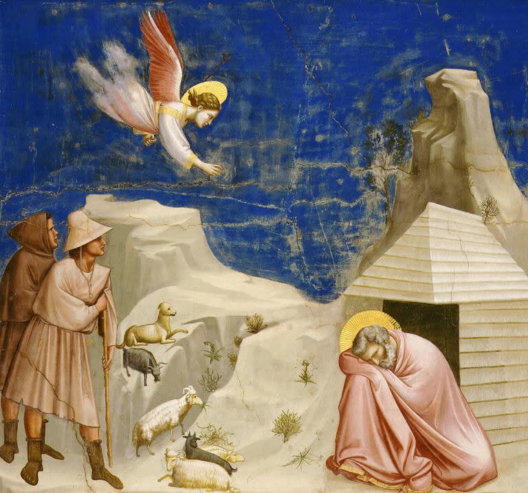 Según los evangelios apócrifos, Joaquín se retiró al campo compungido por la esterilidad de su esposa Ana, cuando un ángel se le apareció y le dijo que ambos concebirían a una niña (Imagen: fresco de Giotto; 1305/1306) 