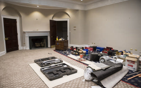 The Roosevelt Room is seen as renovations are underway at the White House, in Washington, D.C. on August 11, 2017. While President Trump is in New Jersey on a 17-day vacation workers are updating and repairing the West Wing, including structural repairs, IT and HVAC improvements and generic cosmetic upgrades - Credit:  Barcroft Media