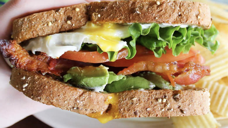 Closeup of sandwich with lettuce, tomato, bacon, avocado, and egg