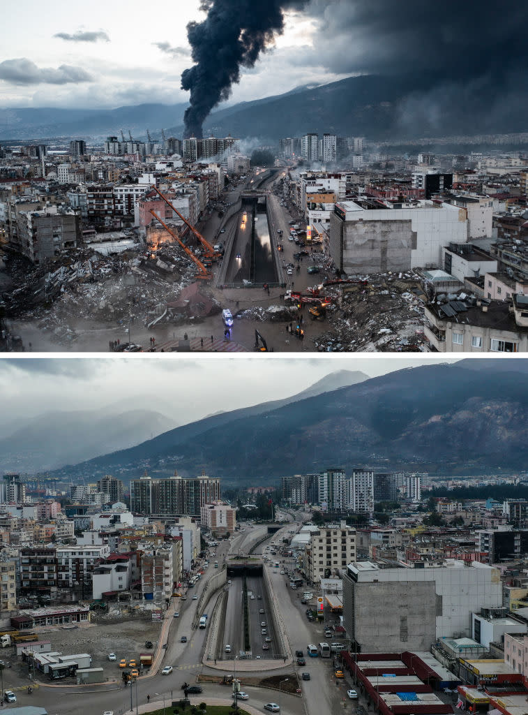 Before and after photos of a city's rebuilding progress, showing a cleared highway previously covered in rubble