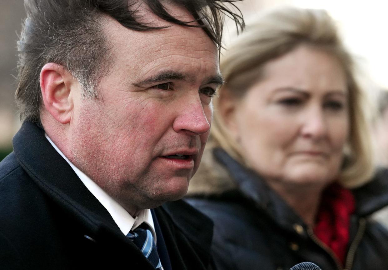 Ohio gubernatorial candidate John Cranley, who is also the former mayor of Cincinnati, announces his running mate, State Senator Teresa Fedor of Toledo, right, during a windy press conference across the street from the Ohio Statehouse on Wednesday, January 5, 2021.