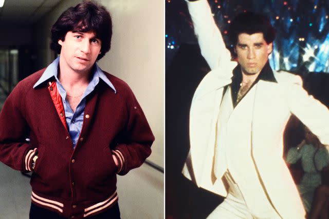 <p>Paul Harris/Getty ; Bettmann</p> Left: Joey Travolta on the set of 'Sunnyside' on March 10, 1979. Right: John Travolta in 'Saturday Night Fever'.