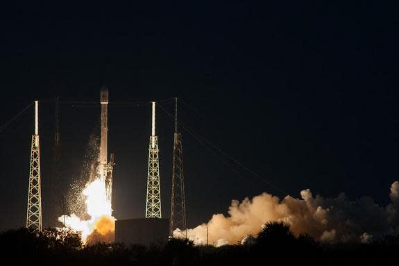 A SpaceX Falcon 9 v1.1 rocket launches the SES-8 commercial communications satellite into orbit from Cape Canaveral Air Force Station in Florida on Dec. 3, 2013. The mission is SpaceX's first commercial satellite launch into a geostationary tra
